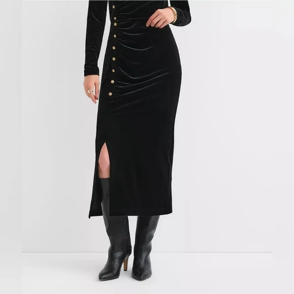 Loft Women's Velvet Ruched Button Midi Skirt - Picture 2 of 7